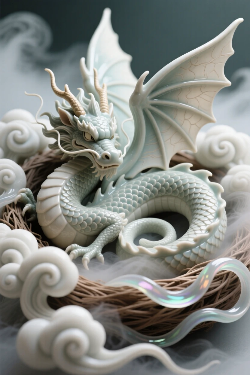A coiled dragon with outstretched wings curled peacefully in a nest of clouds, wrapped in wisps of enchanted mist, conveying protective strength and loyal guardianship.