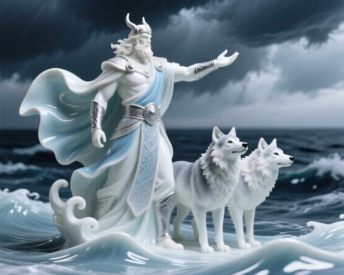 A mythological moment: a Norse god with his loyal wolves commanding a storm over the ocean, bathed in an otherworldly glow.