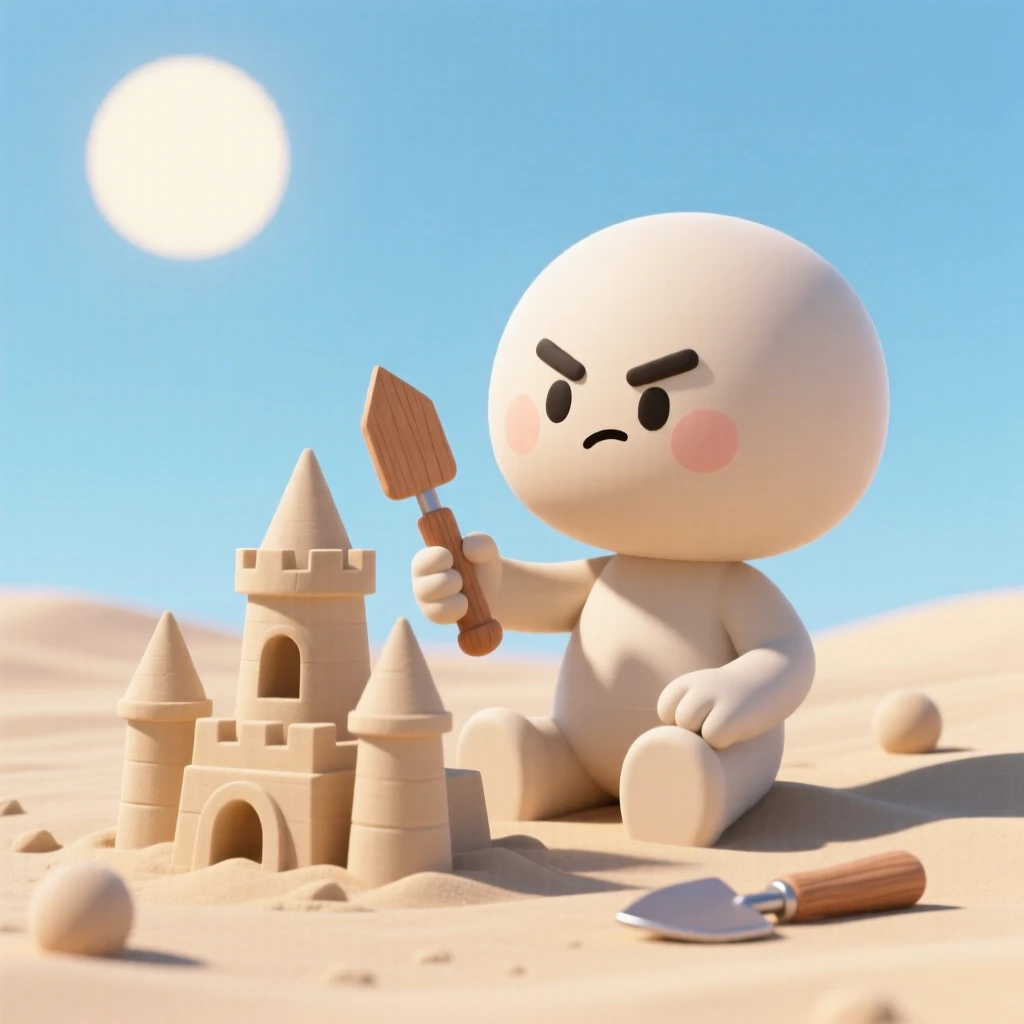 A determined sandcastle competitor carves delicate turrets with a small wooden tool under the midday sun.