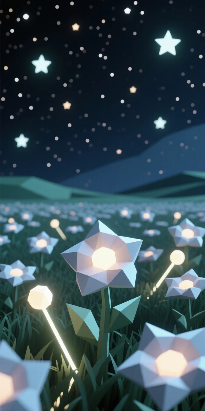 A field of glowing flowers beneath a starry night sky, surrounded by glowing bioluminescent light. reflections and light rays add a layer of visual depth. The atmosphere feels serene yet infinite.