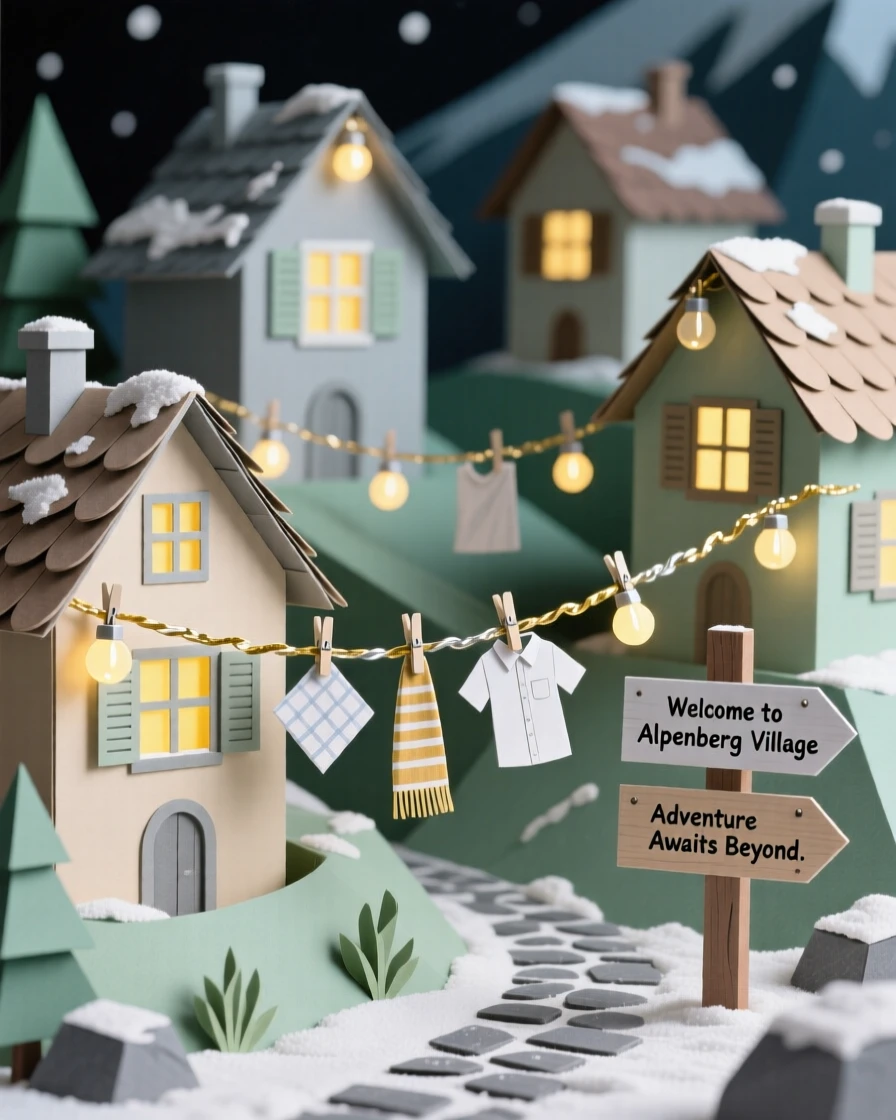 A snow-dusted alpine town illuminated by string lights after dark, with laundry lines strung between windows, capturing a sense of discovery and adventure.