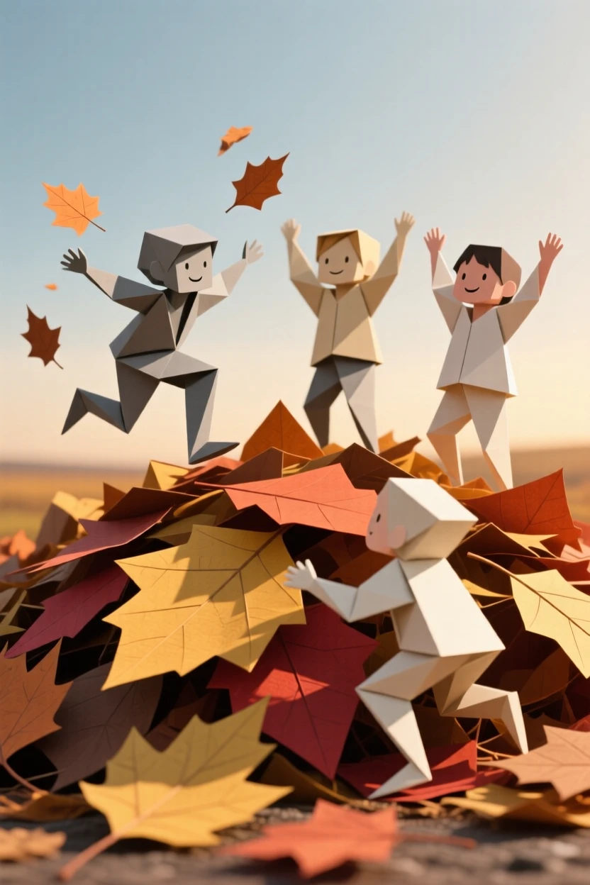 A group of children playing in a giant leaf pile during a crisp autumn afternoon.
