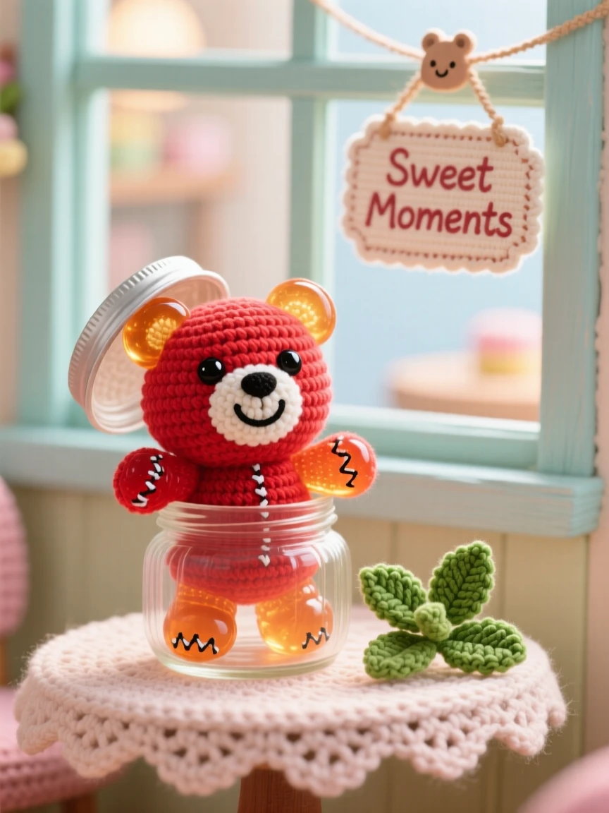 A delightful still-life of a smiling gummy bear character in a bright translucent color, peeking out of a small candy jar within a cheerful cafe window display; a sprig of fresh herbs as garnish nearby, full of a cozy sense of shared treats.