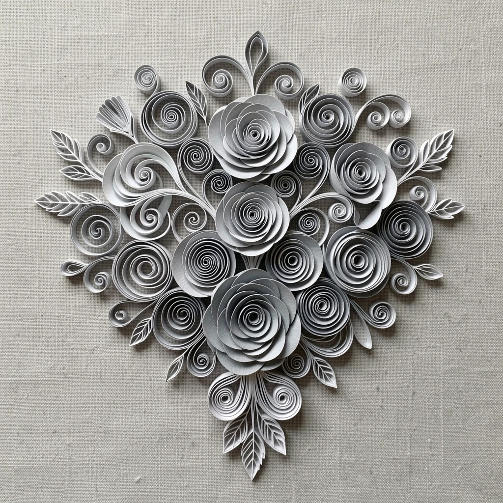 a delicate floral rosette bouquet arranged in a fan shape, displayed on a textured linen backdrop, built up in graduated layers of increasing size, in soft monochrome tones of dove grey.