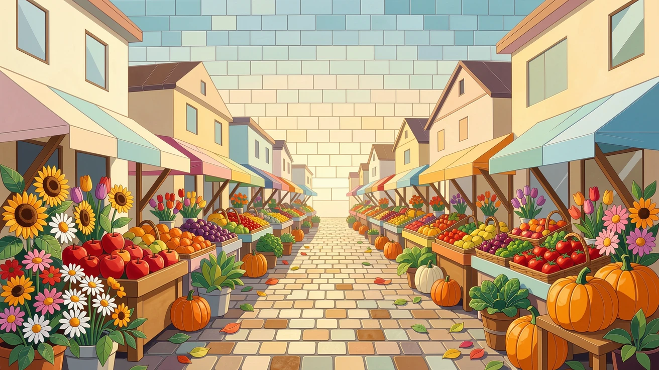 A charming, nostalgic scene of a charming farmers market street lined with fresh flowers and produce, evoking calm and comfort.