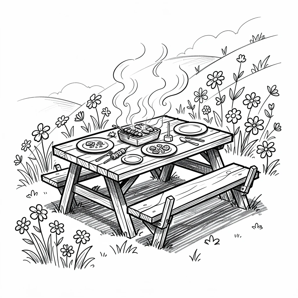 A picnic table set for a summer barbecue on a hillside covered in wildflowers.