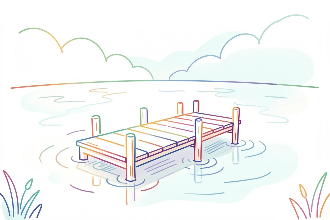 A small rowing dock extending into a misty morning lake.