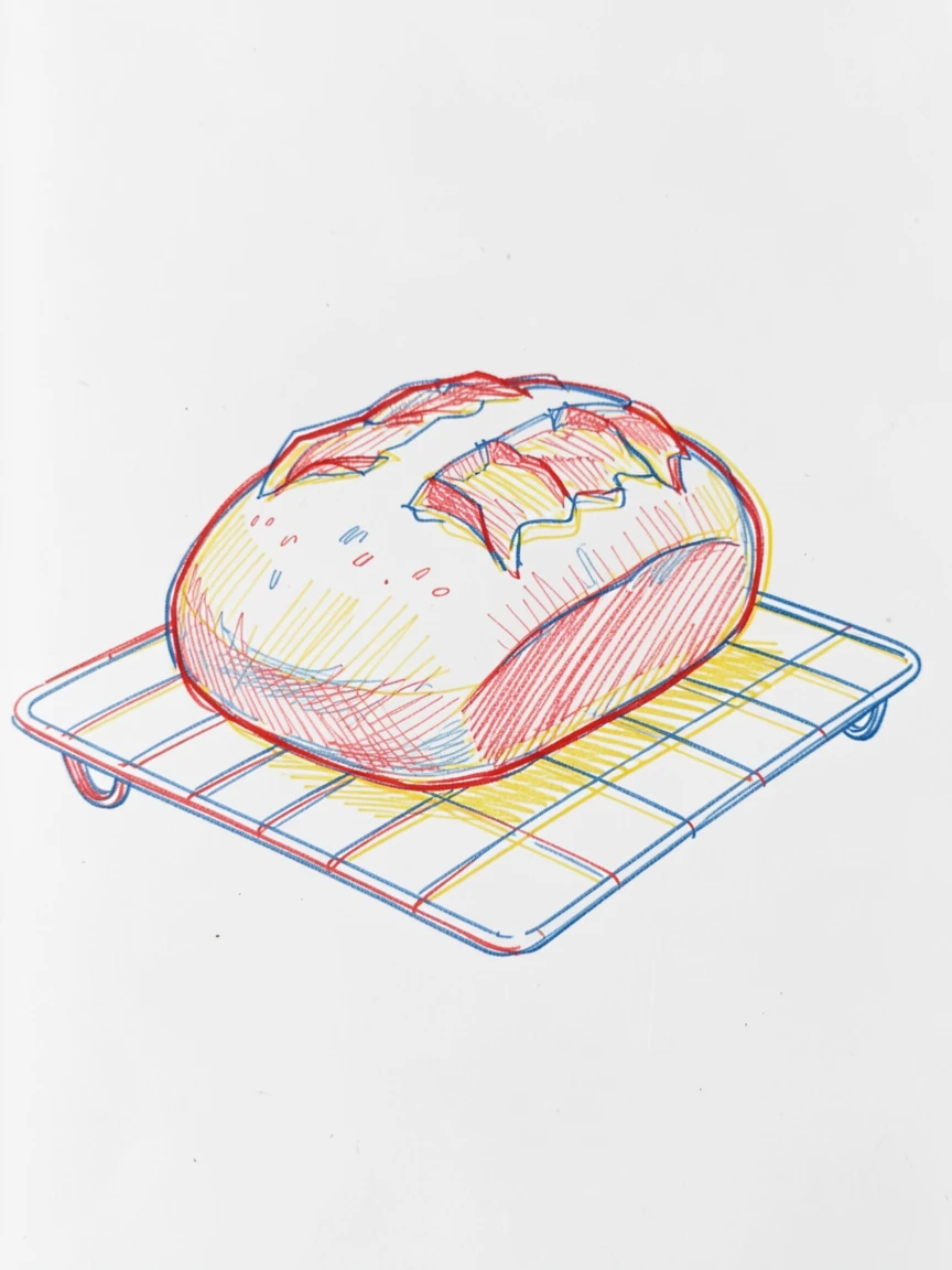 A rustic loaf of sourdough bread cooling on a wire rack