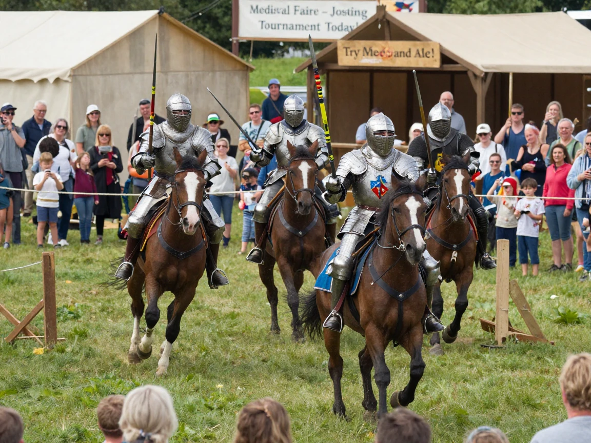 A group of medieval jousters charge toward each other across a fairground field.