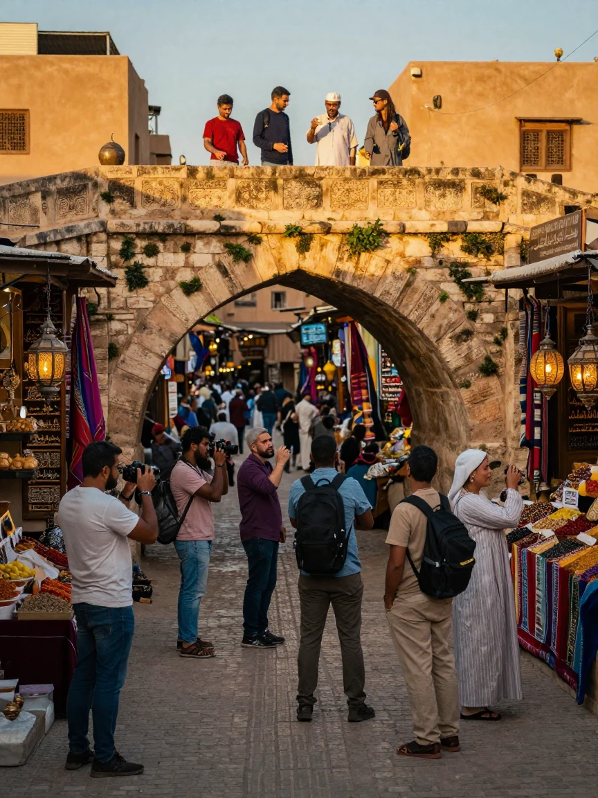 Travelers exploring a centuries-old stone bridge within a bustling Moroccan medina