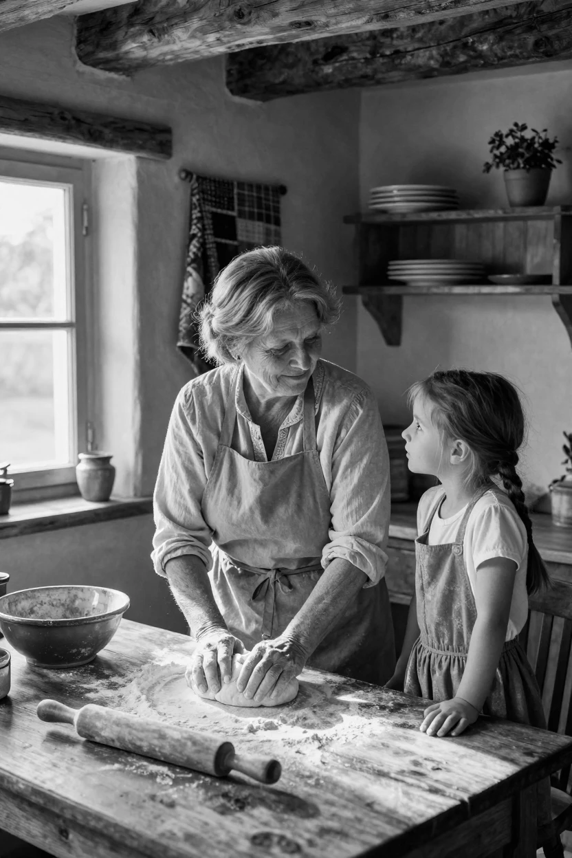 A grandmother kneads dough while her granddaughter watches in a cozy countryside cottage.
