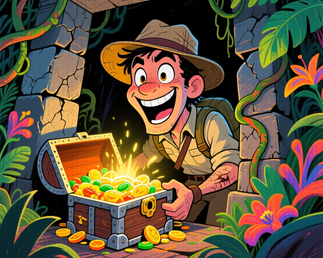 A brave explorer uncovering a glowing treasure chest deep in a jungle temple.