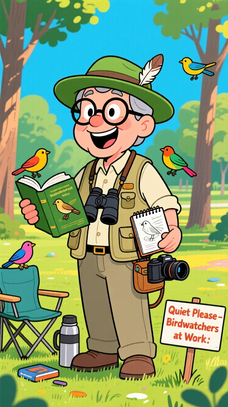 An everyday-life snapshot of a devoted birdwatcher, surrounded by all the tools of their craft, on a quiet weekend afternoon.