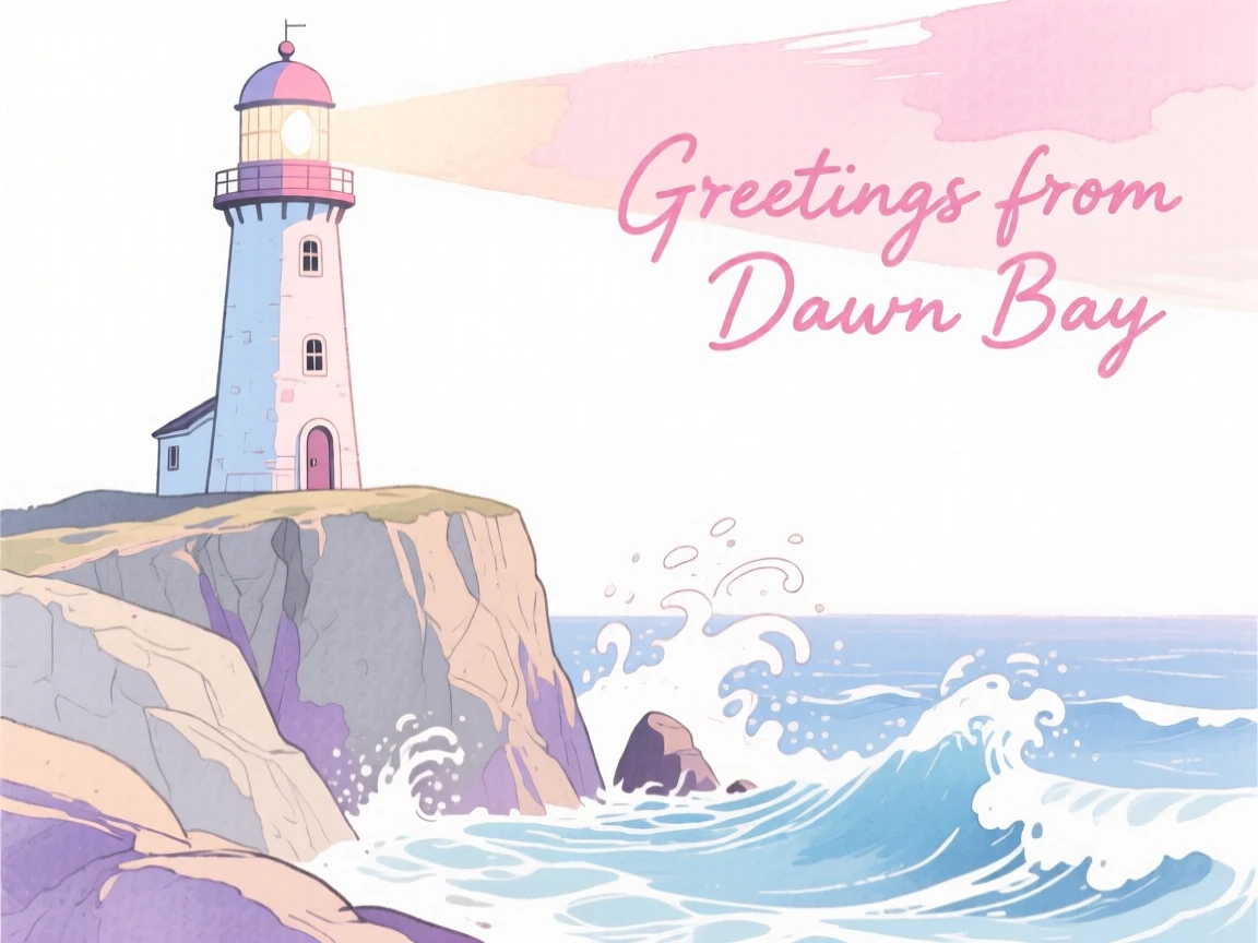 A dreamy travel postcard scene of a lighthouse on a rocky cliff overlooking crashing waves at soft pink dawn