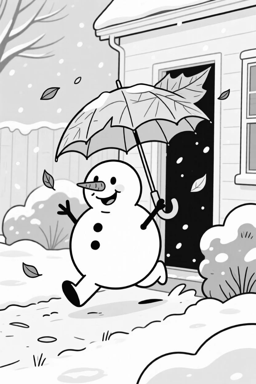 A snowman with a crooked carrot nose and lopsided grin, sprinting for cover under one flimsy leaf as an umbrella, set in a snow-covered front yard. A gentle breeze sends more leaves fluttering down. The scene celebrates nature's simple, joyful surprises.