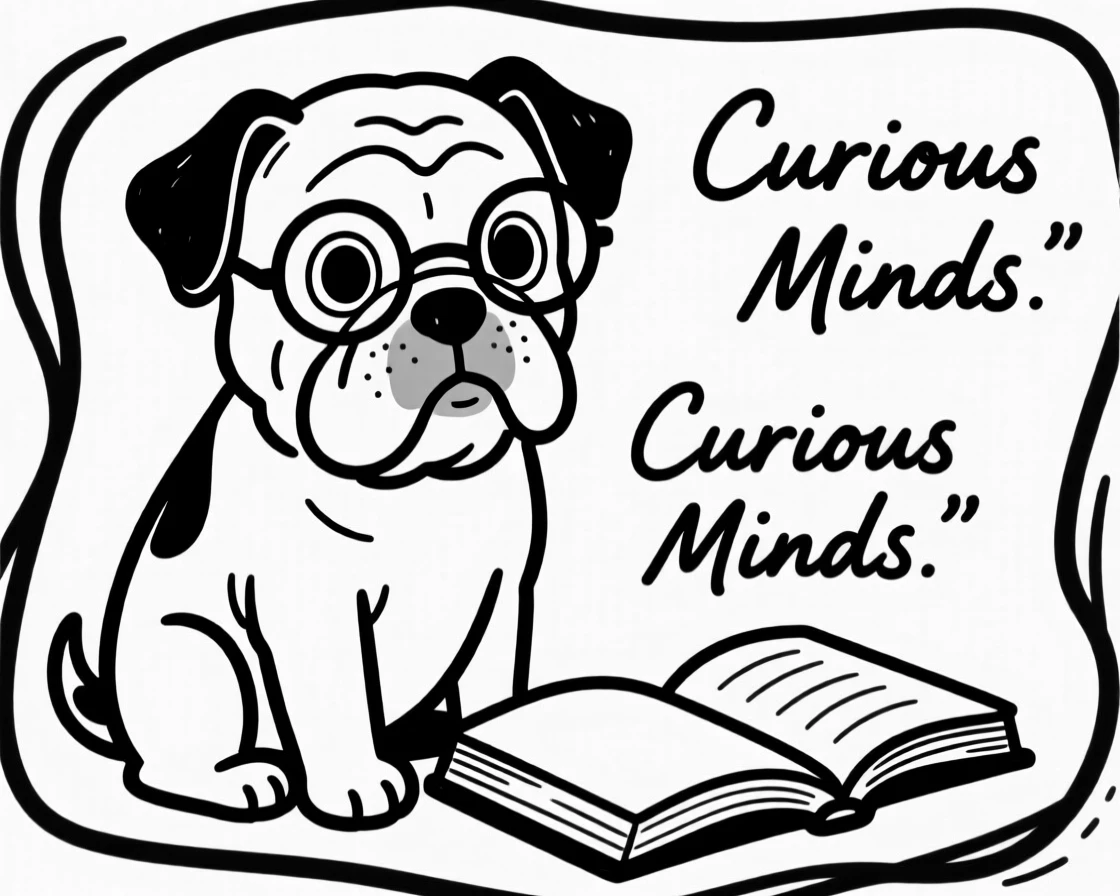 A bulldog puppy wearing tiny reading glasses, sitting beside an open book.