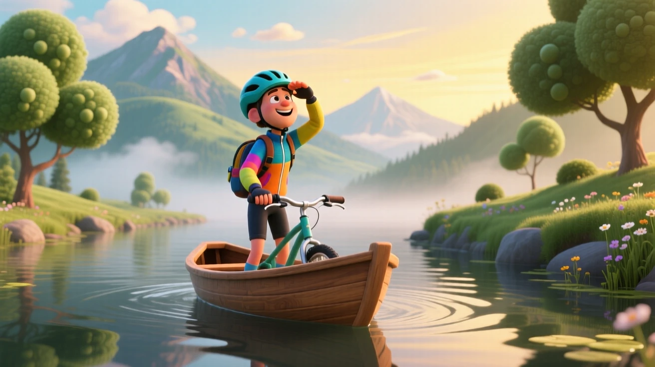 A cyclist pausing on a scenic road stands on a small boat gliding through a quiet canal, pausing to breathe in the fresh mountain air. The mood is adventurous, peaceful, and awe-inspiring, with a light mist clinging to the distant hills.