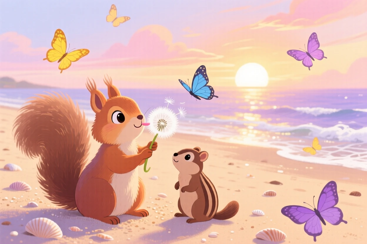 Near a sandy beach at sunrise, a bushy-tailed squirrel is making a wish on a dandelion alongside a small woodland friend, while butterflies flutter nearby.