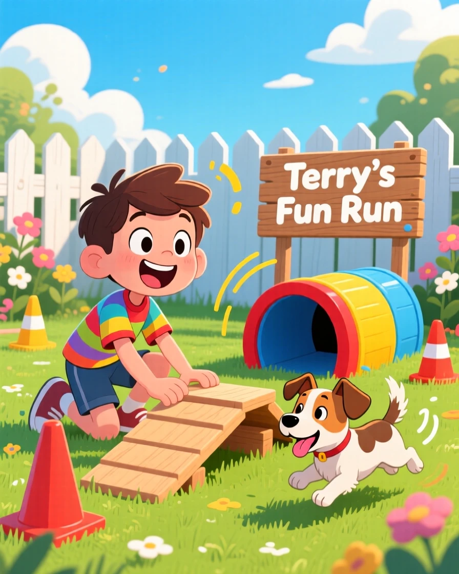 A boy building a small obstacle course for his energetic terrier.