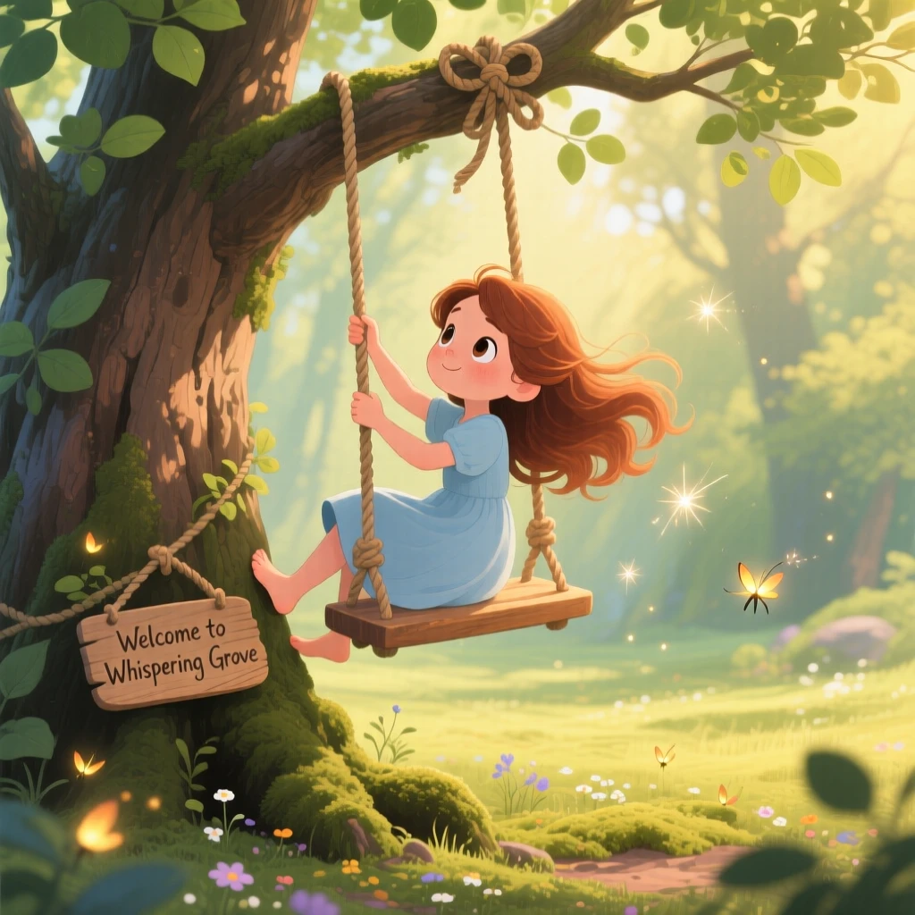 A girl climbing a tree to reach a rope swing, the moment carefree and joyful.