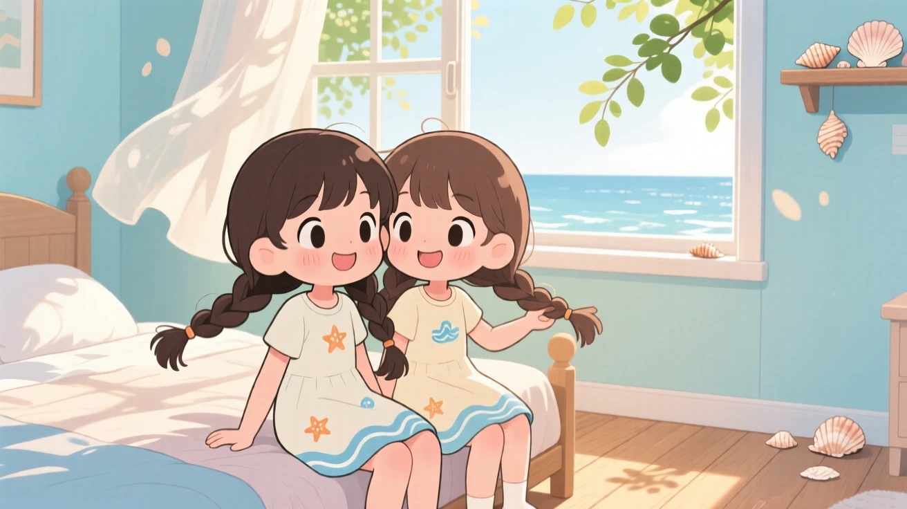 Three-quarter view: twin sisters, braiding each other's hair, set against a sunny bedroom on a breezy coastal afternoon, with warm morning light filtering through leaves and a mood of peaceful calm.