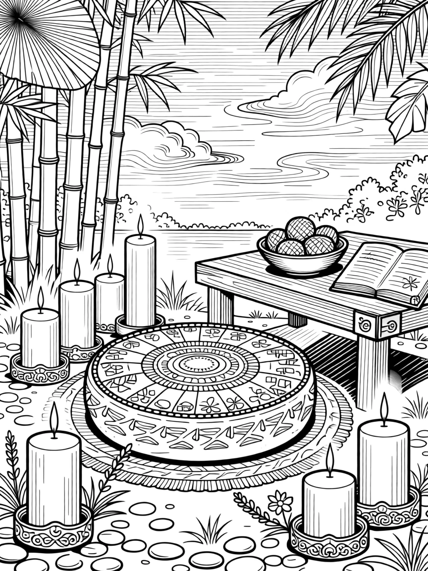 A set of soft candles arranged around a meditation cushion at dusk.