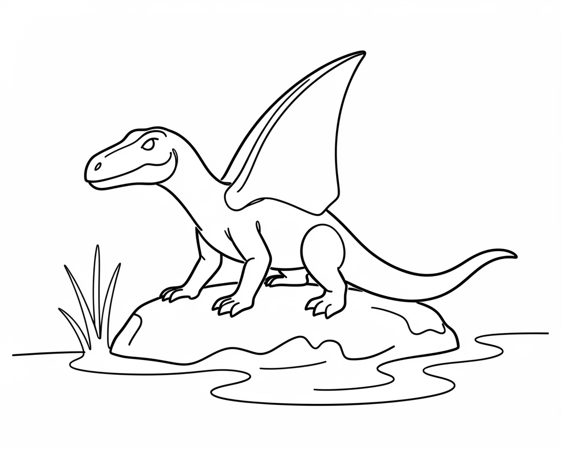 A Dimetrodon basking on a rock beside an ancient swamp