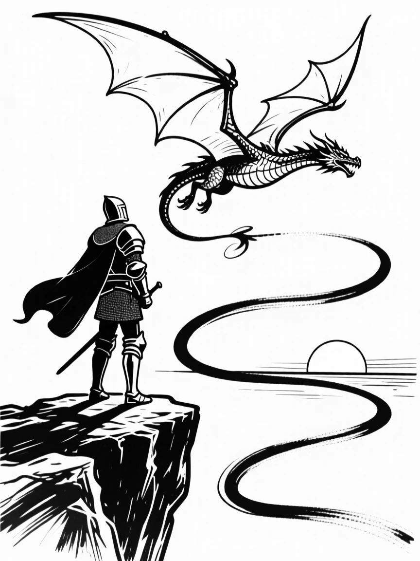 A knight standing atop a cliff, watching a dragon fly into the sunset.