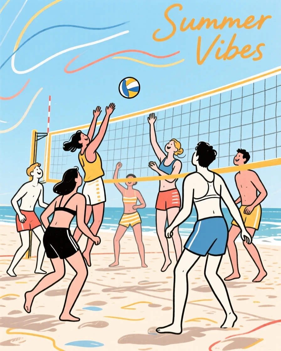 A group of friends playing beach volleyball on a sunny shoreline.