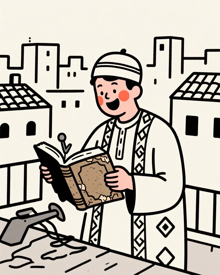 A bookbinder of moroccan heritage repairing an old volume, bursting with excitement, on a rooftop overlooking the city.