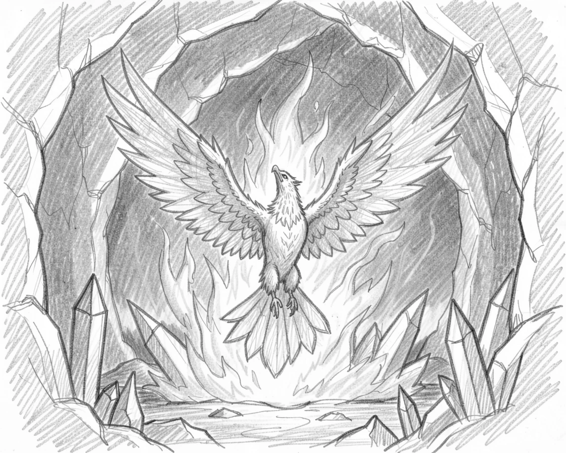 An epic fantasy scene of a phoenix rising in a burst of flame inside a cavern lit by crystal formations, with the horizon ablaze in impossible colors.