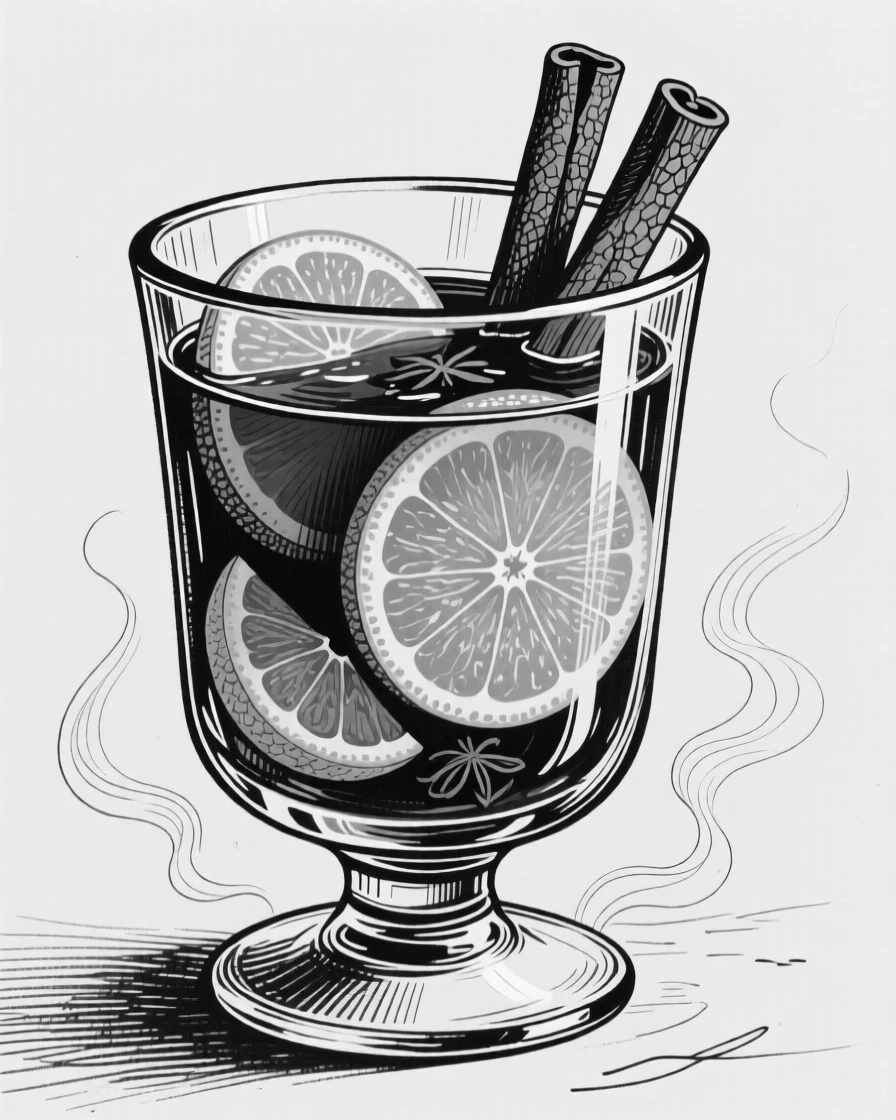A glass of hot mulled wine with cinnamon sticks and orange slices.