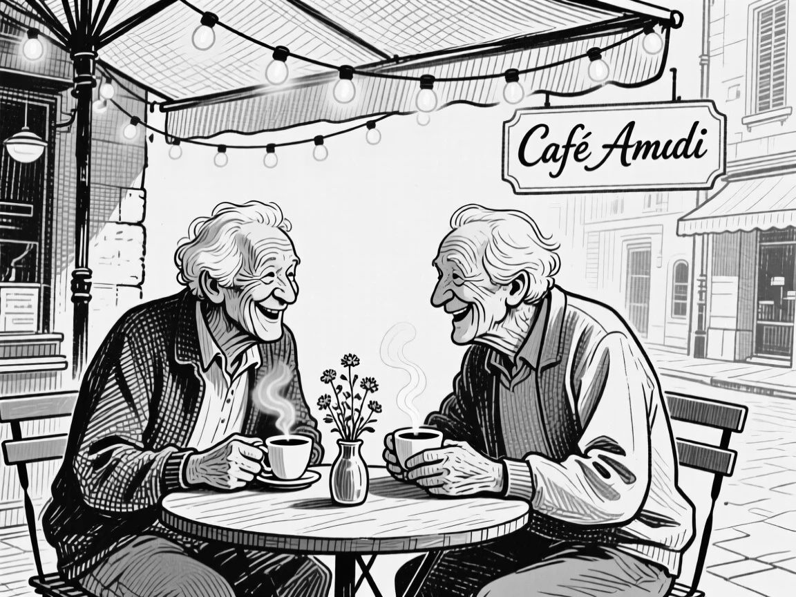 Two old friends sharing coffee at a small table beneath the glow of string lights, with soft light illuminating their faces, creating a joyfully nostalgic lifestyle scene.