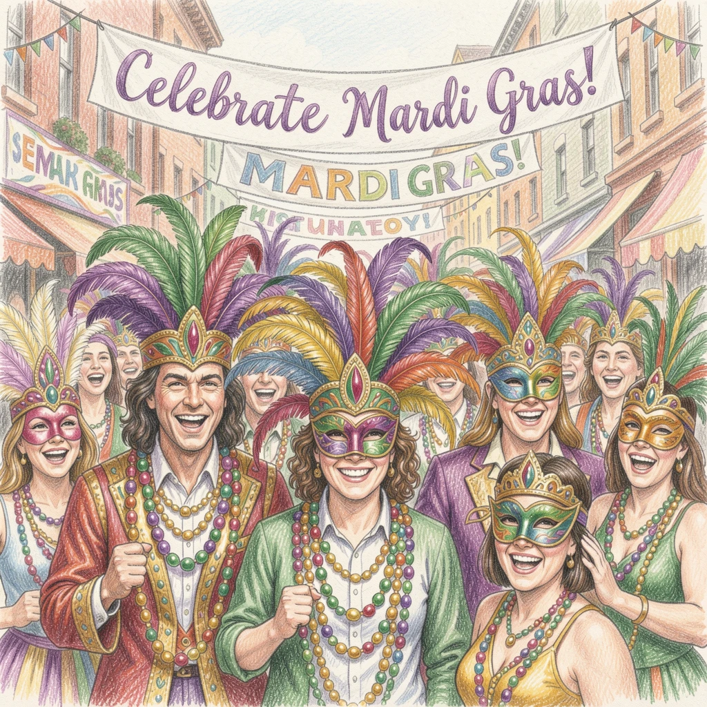 A Mardi Gras street parade with colorful beads and masks, with delicate details that reward a closer look, designed to feel inviting, memorable, and shareable.