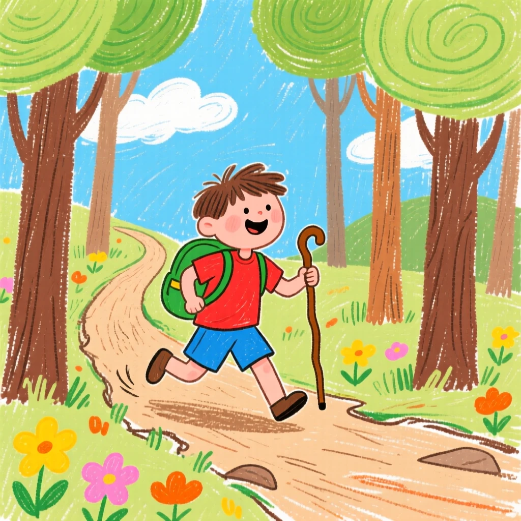 A hiker with a walking stick racing along a winding forest path.