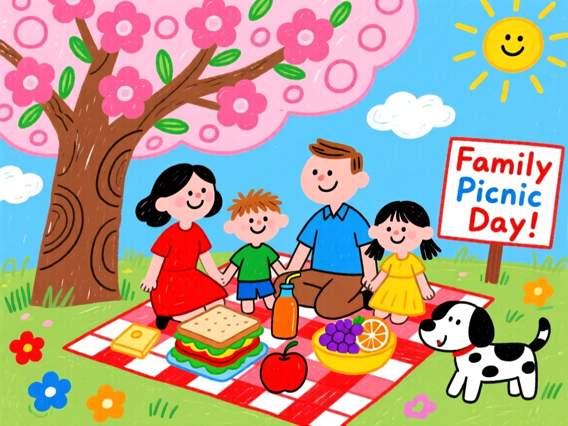 A family having a picnic under a blossoming cherry tree.