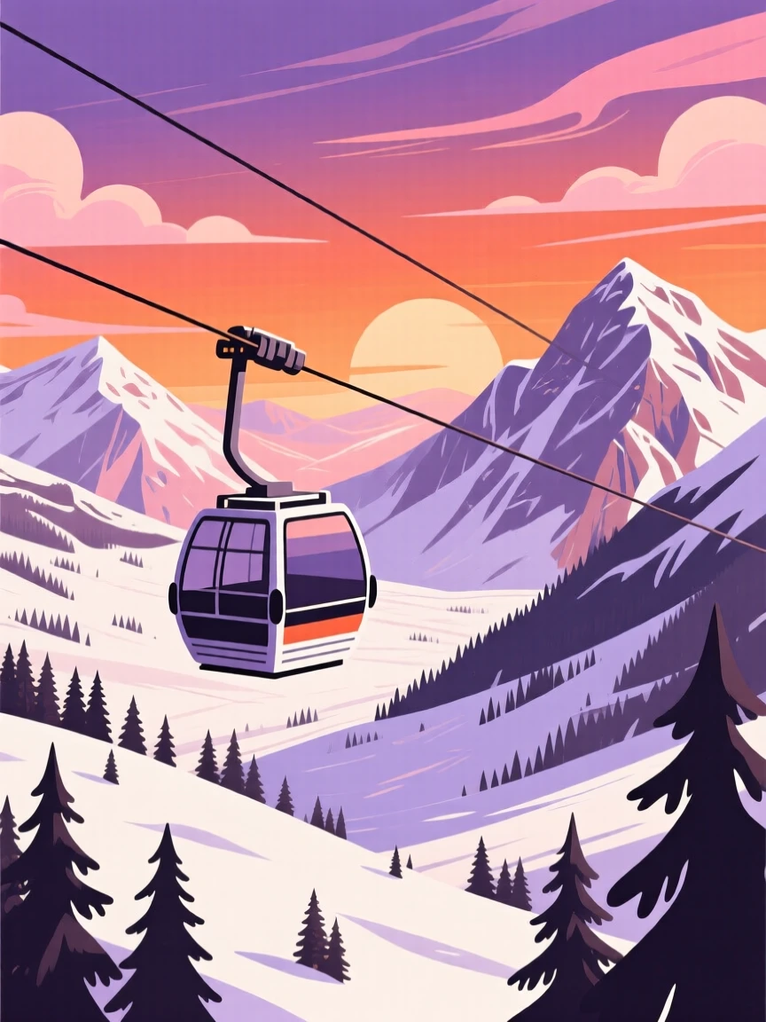 A scenic mountain gondola ride overlooking a snowy valley, under a dramatic sunset sky, captured from a scenic elevated viewpoint, with a nostalgic, postcard-like charm.