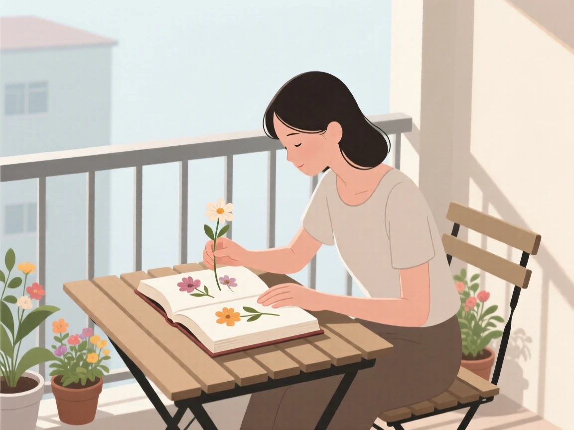 A person pressing flowers into a book in a small balcony.