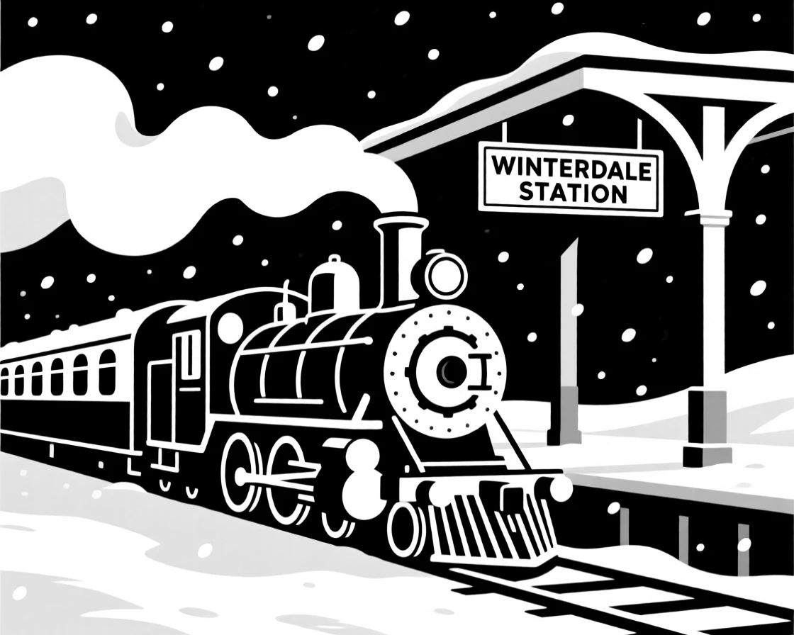 An old-fashioned train pulling into a snowy station.