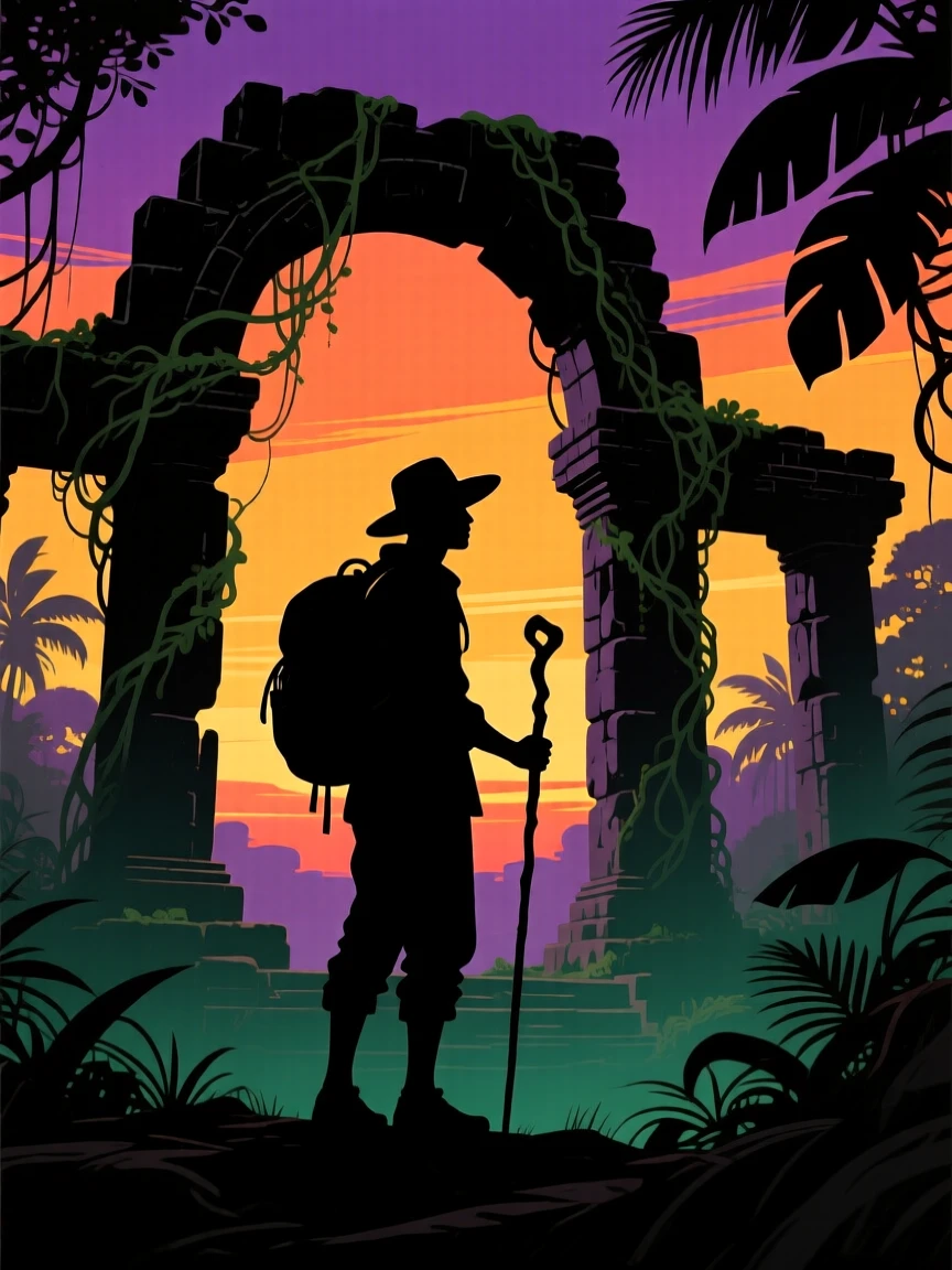 A lone traveler standing before an ancient temple ruin swallowed by jungle.