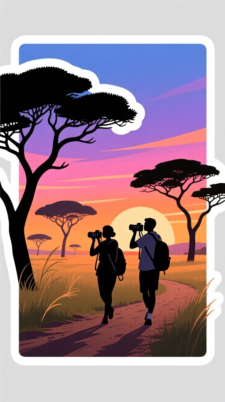A colorful and lively African savanna at sunset with acacia trees, with a gentle breeze moving through the scene, as travelers pass by with cameras ready.