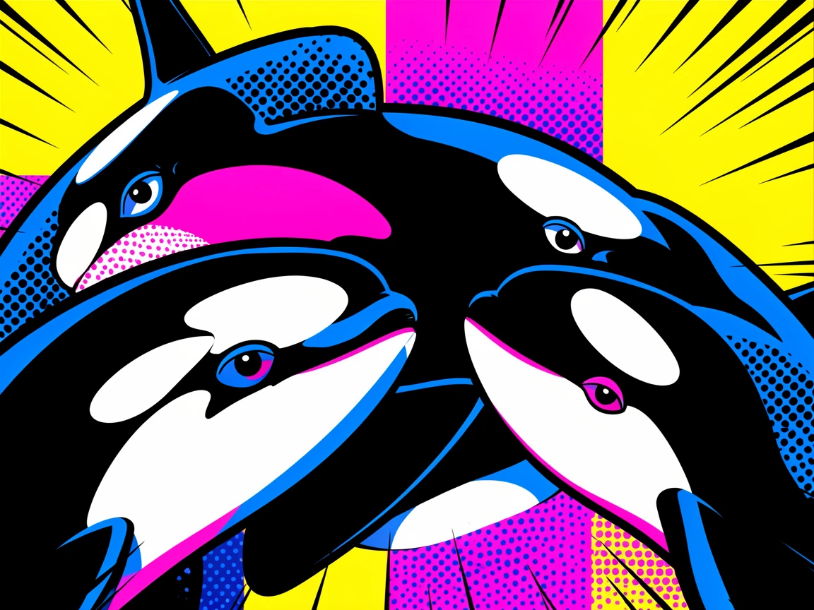 A pod of orcas in an intimate close-up portrait