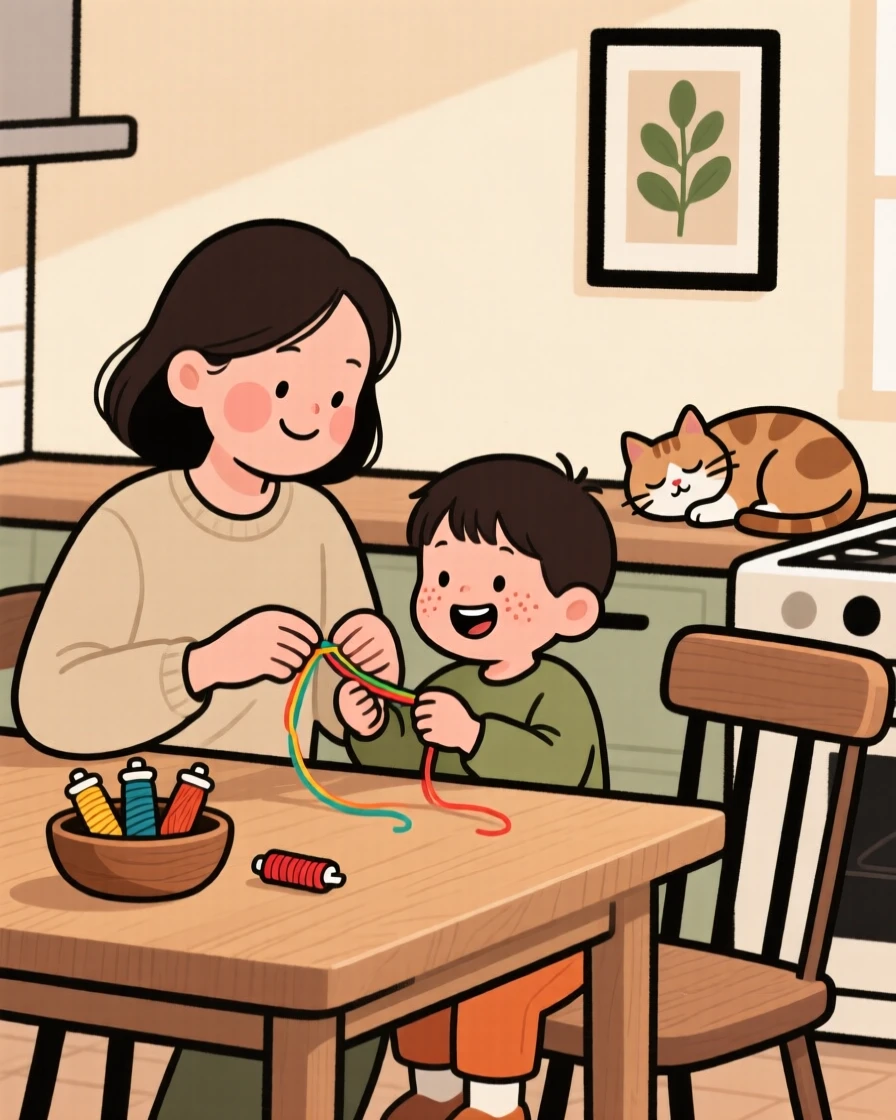 A mother teaches a eager grandchild how to braid a friendship bracelet at the kitchen table while a cat naps on a nearby chair, both focused and smiling.