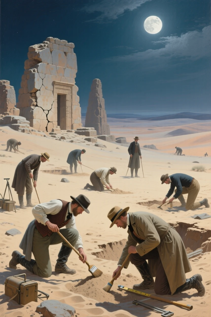 A wide establishing shot of a team of archaeologists uncovering ancient ruins in the desert sand, under a full moon, in the Victorian era.