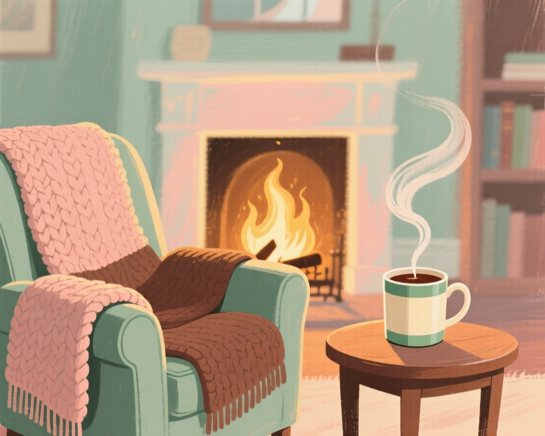 A cozy fireside scene with a knitted blanket and mug of cocoa