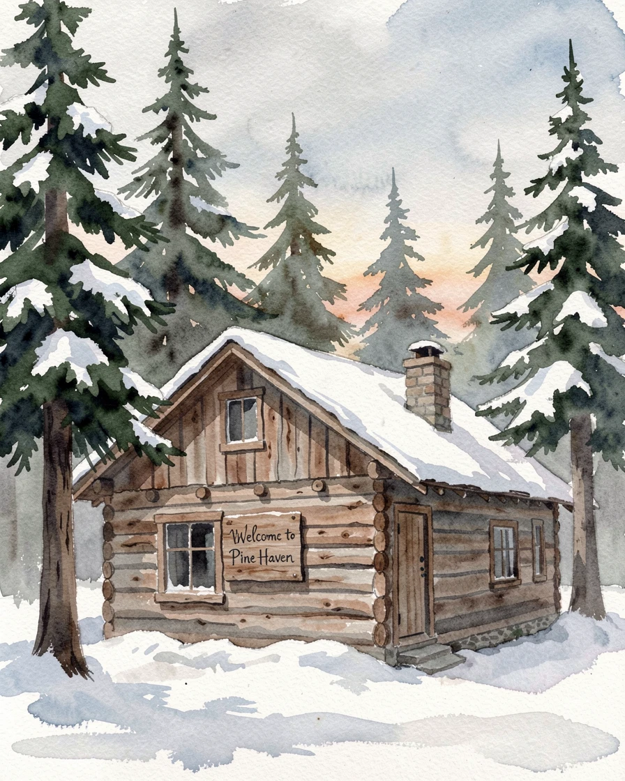 A rustic mountain chalet surrounded by pine trees during the first snow.