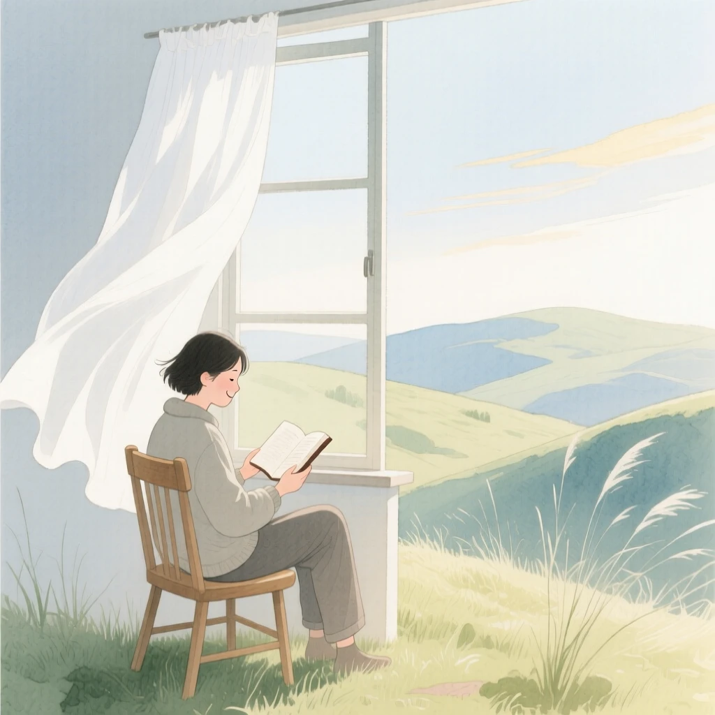 A peaceful scene of someone reading by a window on a windswept hilltop, fully absorbed in a quiet, joyful moment