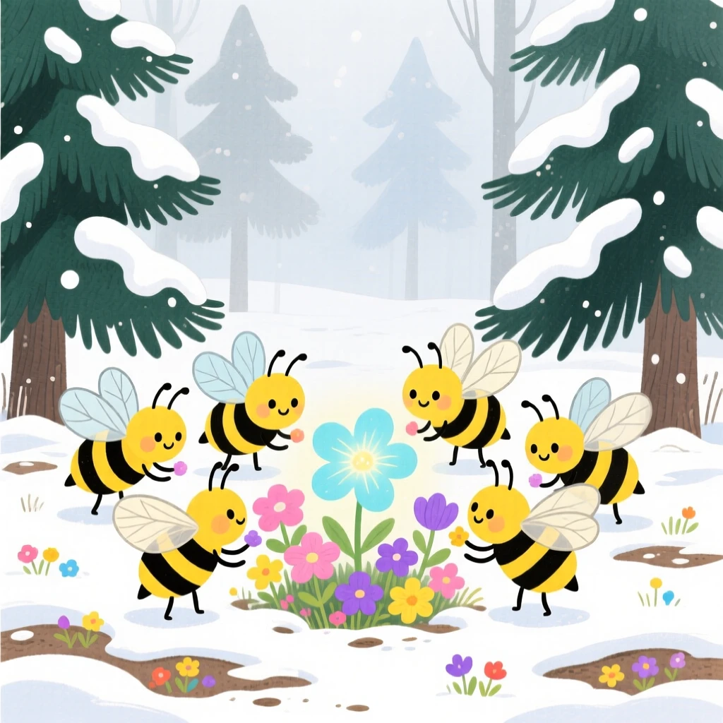A group of bees visiting flowers discovering something new in a snowy pine forest on a foggy morning.