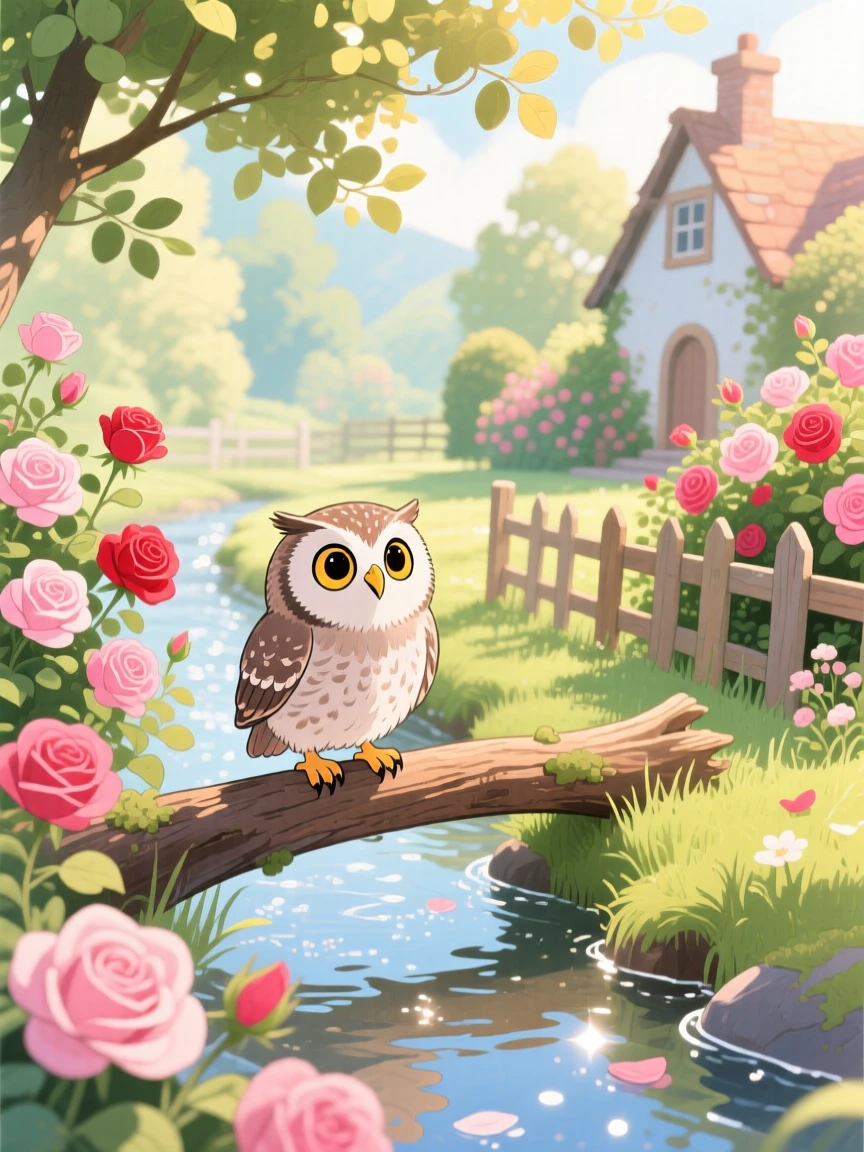 A curious owlet balancing on a log across a gentle stream, set in a sunny cottage garden overflowing with roses, full of playful curiosity.