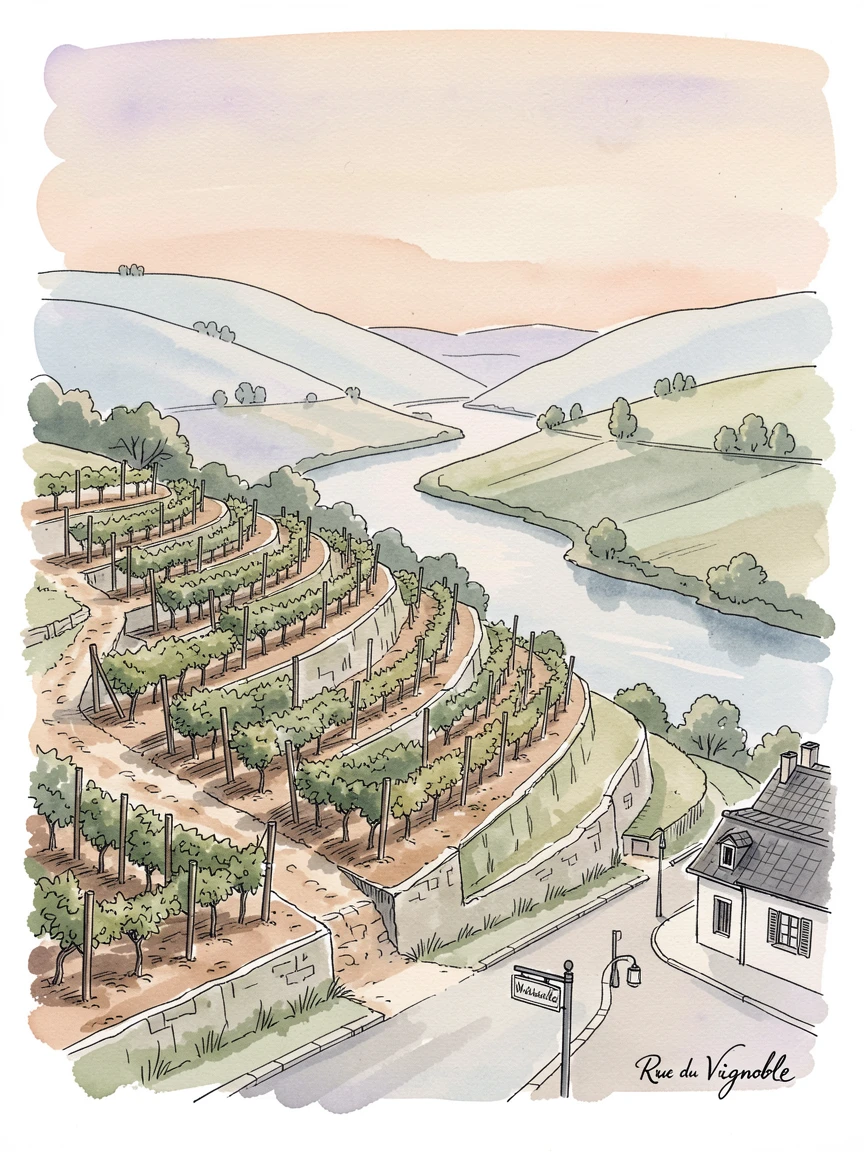 A hillside terrace vineyard overlooking a winding river valley, the streets quiet in the soft light of early morning.